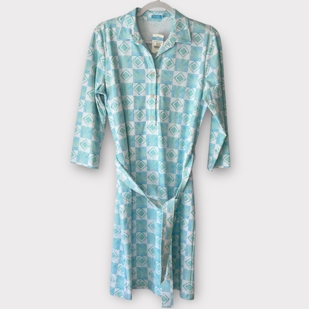 J. McLaughlin Mint and White Geometric Shirt Dress